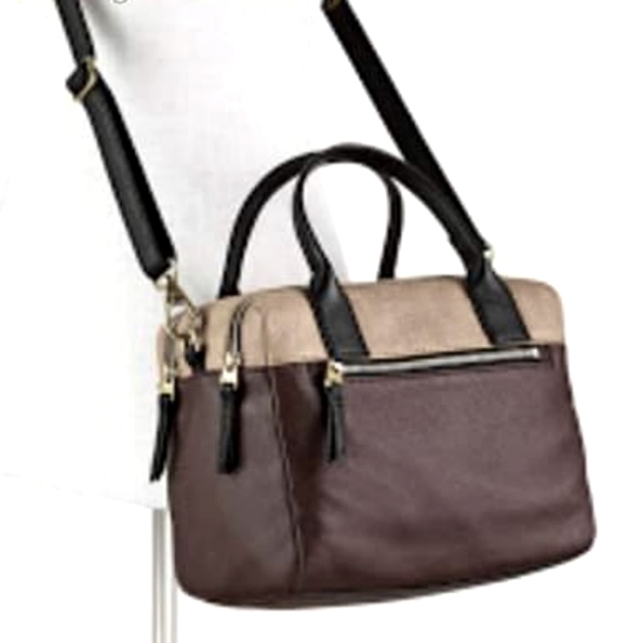 FOSSIL Erin Colourblocked Satchel Leather Khaki Beige Double Zip Carry Bag - Picture 13 of 15